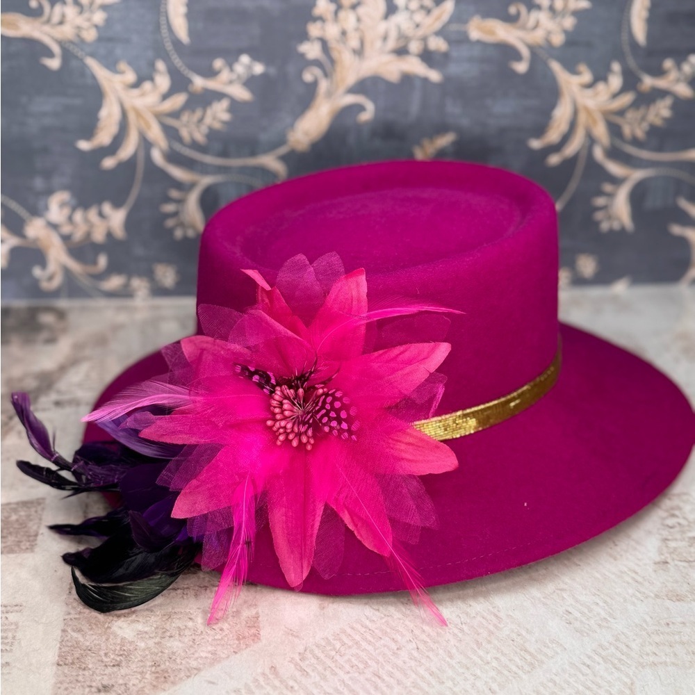 Vintage Adam DoeSkin Felt Pink Kentucky Derby Hat Wool Wide Brim Floral